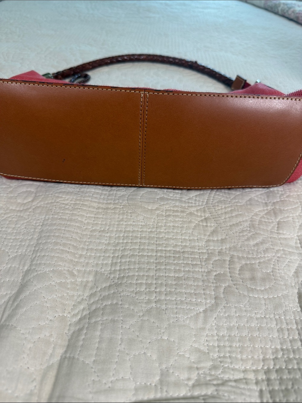 Fossil Red Canvas Hobo Shoulder Bag Braided Brown Leather Handle and zipper pull - Picture 9 of 15